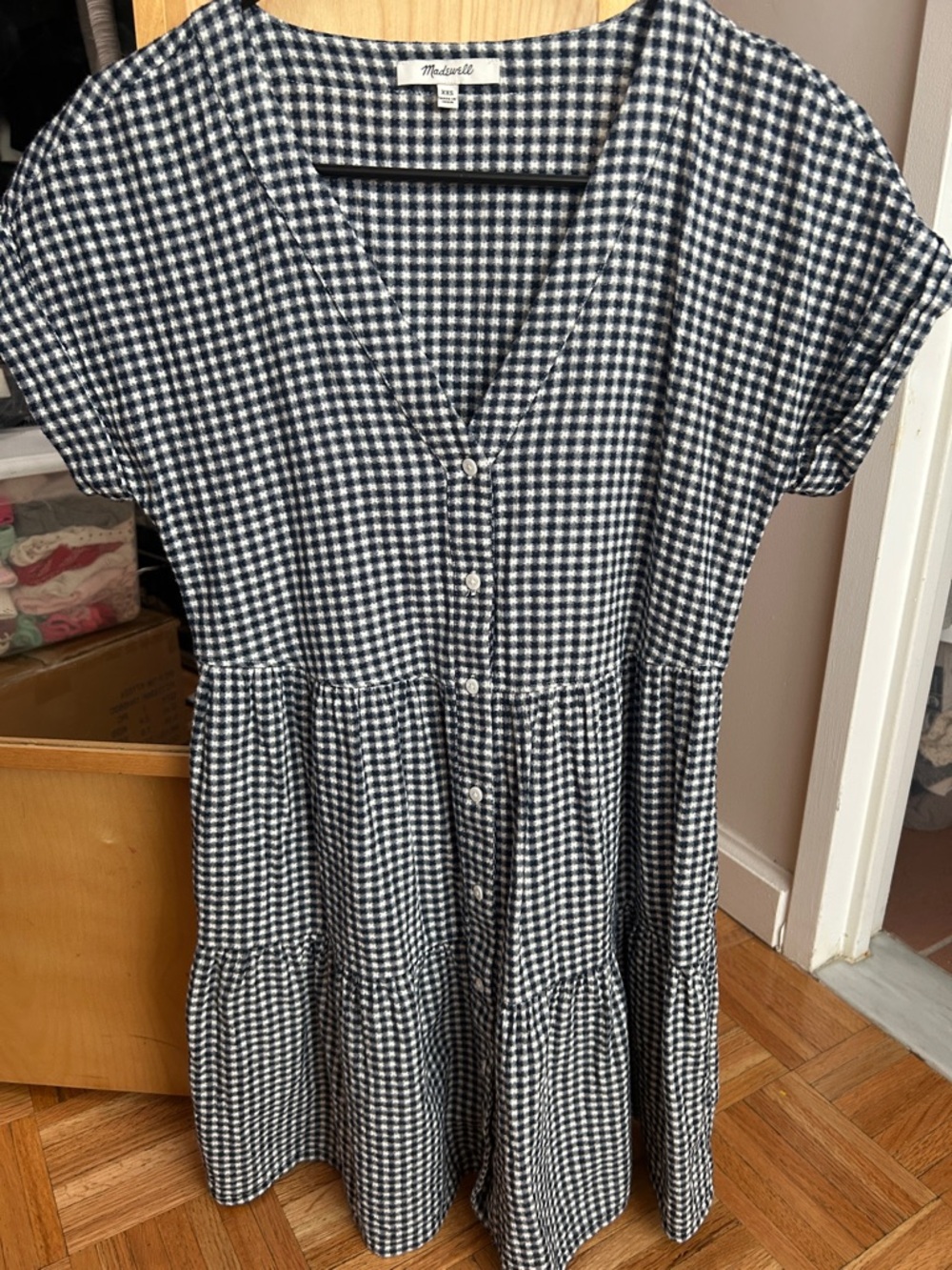 Madewell Navy & White Gingham Button-Front Tiered Dress